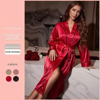 Ночная рубашка Ice Silk с длинными рукавами, летняя тонкая простая домашняя одежда, женская сексуальная шнуровка, кардиган, банный халат, пижама S чёрный