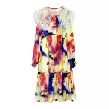 Ночная рубашка Sunset Evening Spring and Autumn New Watercolor Dye Ice Silk Navy с воротником и длинными рукавами Пижама Женское платье S белый