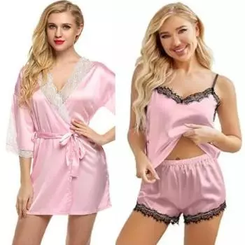Ночное белье Ladysta Robe с v-образным вырезом и стильный кружевной комплект нижнего белья Babydoll - короткий для женщин с топом и коротким пижамой - свободный размер (S / M / L)