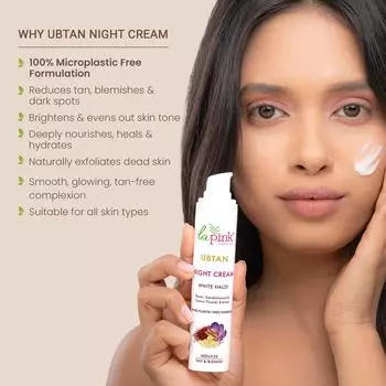 Ночной крем La Pink Ubtan White Haldi | Формула на 100% свободна от микропластика | Удаляет загар | Кесар, сандаловое дерево и цветок кактуса | Все типы кожи | 50 г