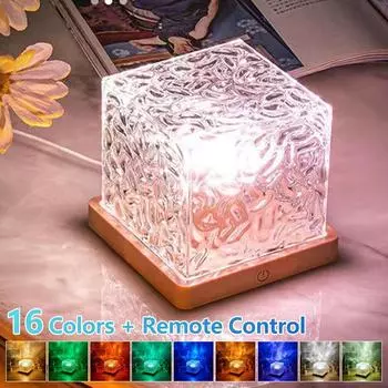 Ночной светильник Water Ripple Cube с вращающейся водяной волной, пульт дистанционного управления, 16 цветов, светодиодная настольная лампа с кристаллами для прикроватной тумбочки