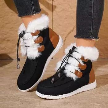 Non Slip Winter Fur Snow Boots Women Casual Lace Up Flat Heels Snow Boots Woman Comfortable Faux Fur Cotton Padded Shoes Female 36 белый