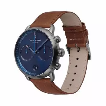 Nordgreen Pioneer Скандинавский дизайн Часы Gunmetal 42 мм хронограф темно-синий циферблат коричневый кожаный ремешок для часов мужские