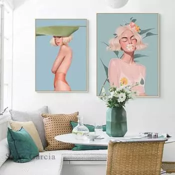 Nordic Fashion Flower Leaves Woman Poster Картина на холсте Художественная печать Скандинавский стиль Настенная картина для домашнего декора гостиной 21*30cm