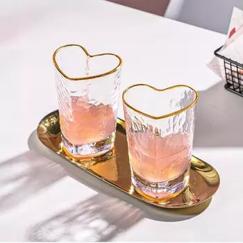 Nordic Lead Free Hammer Pattern Heart Shape Lovely Clear Glass Tumbler Cup with Gold Rim 210ml 7oz Cups for Lovers 1 Pc 201-300ml