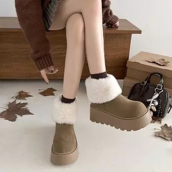 Northeast fur integrated warm thick-soled snow boots women s 2025 new winter velvet thickened heightening cotton shoes 35 коричневый