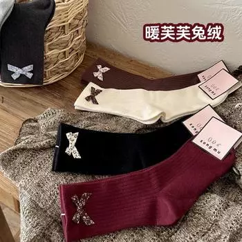 Носки детские Ankela Red Miu Floral Bow Warm Fufu, термоноски для женщин, средние, сложенные трубкой One Size