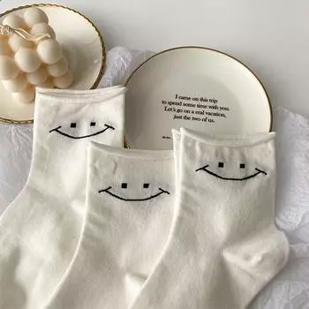 Носки Smiley Curling, милые белые носки средней длины, весенние дышащие универсальные студенческие короткие носки, женские хлопковые носки One Size