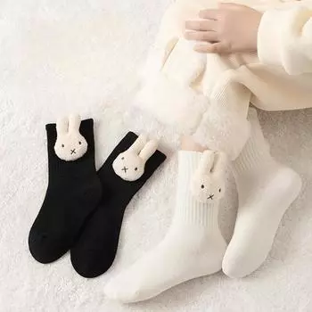 Носки средней длины с рисунком кролика из мультфильма, хлопковые носки для девочек, удобные черно-белые носки без косточек, осенние детские носки XL 9-12 years old чёрный