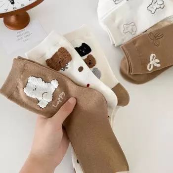 Носки женские Wind Bear Mori College Wind Coffee Милые женские хлопковые носки с мультяшным медведем Носки средней длины One Size