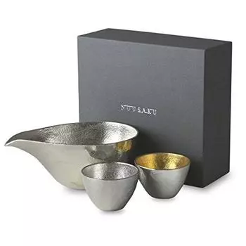 Nousaku sake set, sake cup tin, 2 pieces of gold leaf, large tin with one mouth