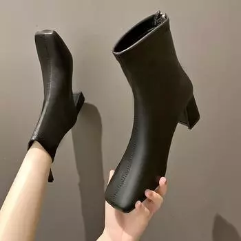 НОВЫЕ осенне-зимние женские большие короткие сапоги на высоком каблуке с молнией сзади, модные сапоги средней длины, теплые женские сапоги, большие размеры 42 43 35
