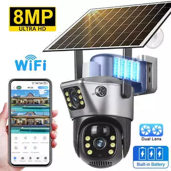 Новая 4K 8MP Wi-Fi/4G Sim Солнечная камера Двойные экраны Открытый Wi-Fi Солнечная IP PTZ Camara Автоматическое слежение Батарея CCTV Камера наблюдения