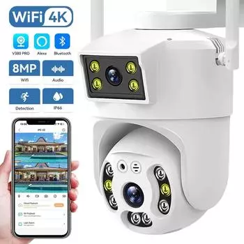 Новая 8-мегапиксельная 4K Wi-Fi PTZ-камера с двумя объективами для умного дома, ночного видения, двойной экран, уличная 6-мегапиксельная охранная IP-камера видеонаблюдения V380 Pro APP