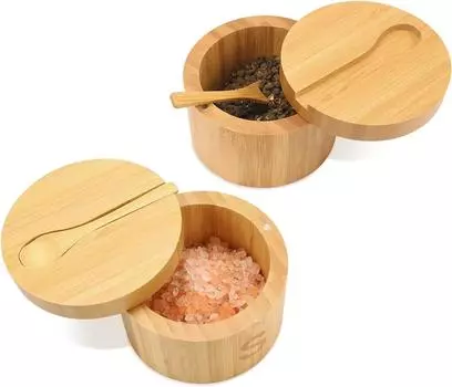 Новая бамбуковая солонка с мини-ложкой, кухонная солонка с поворотной магнитной крышкой, контейнер для хранения соли, перца и специй