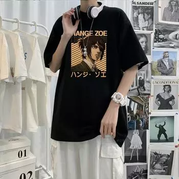 Новая футболка с аниме «Атака Титанов», мужская крутая футболка с рисунком Hange Zoe, винтажная Harajuku Shingeki no Kyojin, летняя футболка большого размера с коротким рукавом S чёрный