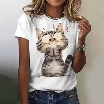 Новая футболка с принтом Kawaii Cat для женщин, топы больших размеров, летняя женская трендовая одежда 2024 года, футболка с круглым вырезом, женские футболки с коротким рукавом S