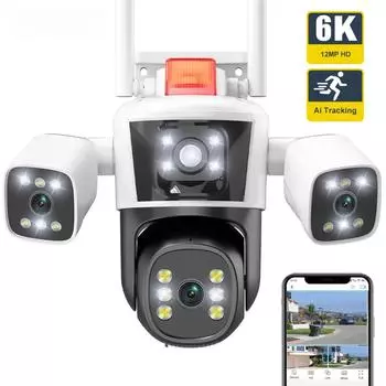 Новая IP-камера EU 6K 12MP, Wi-Fi, три экрана, уличная PTZ-камера, защита домашней безопасности, автоматическое отслеживание, камера видеонаблюдения