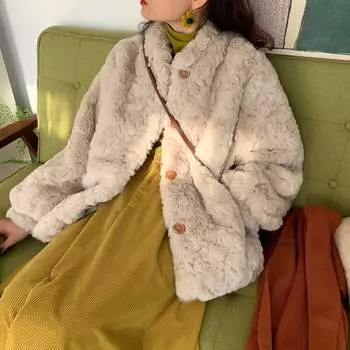 Новая куртка из искусственного меха кролика Рекс, женская зимняя короткая утолщенная теплая плюшевая куртка с воротником-стойкой розового цвета S 80-47.5 kg