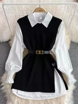 Новая мода корейская офисная женская белая рубашка с лацканами и рукавами-фонариками + V-образный вырез, трикотажный жилет, повседневный комплект из двух предметов, женская одежда One Size