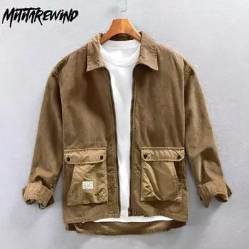 Новая модная рубашка с длинным рукавом на молнии для мужчин, повседневная рубашка цвета хаки с лацканами, большие карманы, вельветовая рубашка из чистого хлопка, свободный мужской топ M хаки