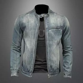 Новая мода Slim Fit Мужская стоячая молния Harley Мотоциклетная джинсовая куртка Мужское пальто 4XL