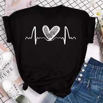 Новая модная женская футболка с леопардовым принтом Heartbeat, топы с короткими рукавами, летняя женская одежда S чёрный