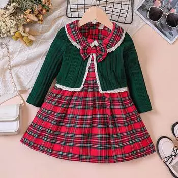 Новая одежда для детей 3-8 лет, детские модели для девочек, осенне-зимний костюм с полосками, кардиганом, клетчатым жилетом и юбкой 90cm зелёный