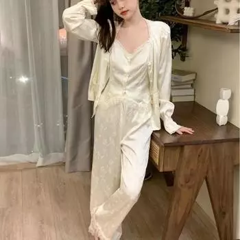 Новая пижама Ice Silk Palace Style для девочек во французском стиле, весенние новые женские брюки с длинными рукавами, домашняя одежда, комплект из 3 предметов M белый