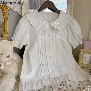 Новая японская летняя женская белая рубашка в стиле Лолиты, воротник Питера Пэна, бант и пуговицы в форме сердца, блузка JSK с коротким рукавом, милая блузка Kawaii для девочек