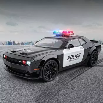 Новая шкала 1:22 Hell Cat Challenger SRT Полицейская машина Модель Игрушки Литой сплав 4 двери открываются Звук Свет Инерционный автомобиль Подарок для ребенка чёрный