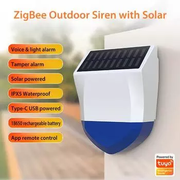 Новая сирена Tuya Smart ZigBee/Wi-Fi, водонепроницаемая, наружная, с солнечным и USB-источником питания (опционально), 95 дБ, пульт дистанционного управления
