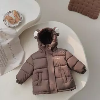 Новая стильная бархатная куртка с ушками для мальчиков и девочек, короткая толстая куртка с капюшоном, детская куртка с ушками 90 чёрный