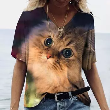 Новая женская футболка Kawaii Cat с 3D принтом, повседневная футболка с v-образным вырезом и короткими рукавами, одежда для девочек, свободные уличные топы большого размера 3XL