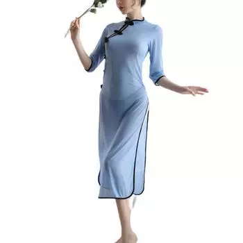 Новая женская перспектива в китайском стиле, ночная рубашка Cheongsam, прозрачное сексуальное женское белье, одежда для сна, платья для женщин, лето M синий