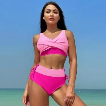 Новинка 2024 года, женский новый цветной блок в стиле Instagram, сексуальное бикини из двух предметов с высокой талией, пляжный костюм, купальный костюм для женщин