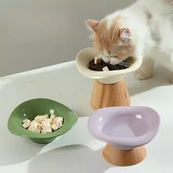 Новое деревянное сиденье для кошек с высокими ножками, керамическая миска для защиты шейного позвонка, миска для собак, миска для риса для собак, миска для кошачьего корма, предотвращающая опрокидывание, миска для питья short model 15.8*8.5 cm