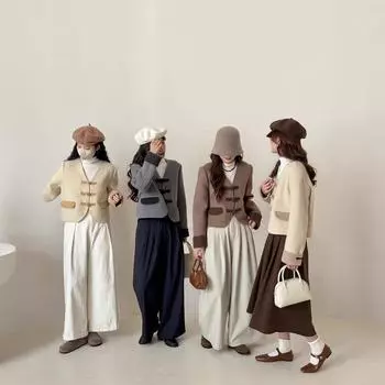 Новое двухстороннее кашемировое пальто в китайском стиле с пряжкой для женщин с V-образным вырезом в стиле ретро, контрастное короткое шерстяное пальто S