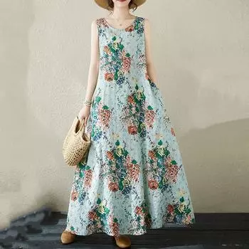Новое хлопковое винтажное платье с цветочным принтом без рукавов больших размеров для женщин, повседневное свободное длинное летнее платье M синий