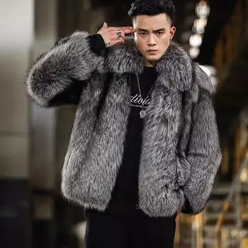 Новое мужское цельное мужское пальто с искусственным мехом лисы, короткое зимнее пальто из серебристой лисы 5XL