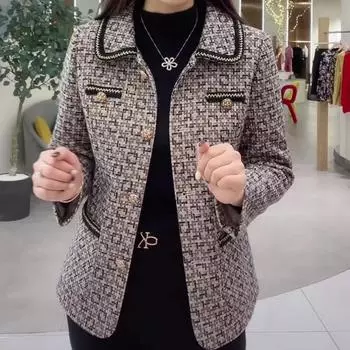 Новое осеннее пальто с небольшим ароматом, модная свободная короткая клетчатая куртка, шерстяное пальто для матери среднего возраста, большой размер 5XL XL