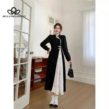 Новое платье Cheongsam в китайском стиле в национальном ретро стиле, элегантное длинное платье с жаккардовым узором и длинными рукавами и пряжкой M чёрный
