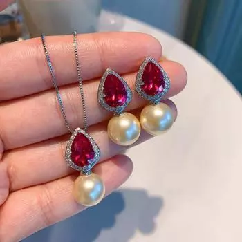 Новое серебряное ожерелье с красным корундом в форме груши, подвеска, светло-желтая ракушка, серьги-гвоздики, ювелирные изделия