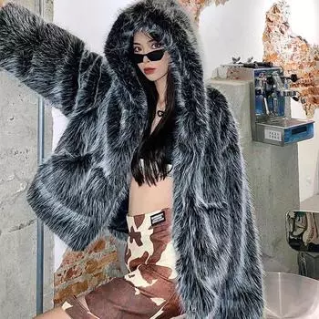 Новое женское пальто с капюшоном из искусственного меха лисы, женское, интернет-знаменитость, зимнее, свободное, шерстяное, теплое, из овечьей шерсти, пальто S