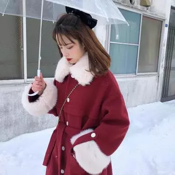 Новогоднее красное шерстяное пальто зимнее в стиле Хепберн со шнуровкой на талии длинное пальто с большим меховым воротником шерстяное пальто женское M красный