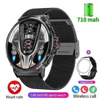 Новые 1,85-дюймовые умные часы Ultra HD, GPS-трек HD, Bluetooth-вызов, большая батарея 710 мАч, циферблат 400+, подходит Silicone + mesh steel чёрный