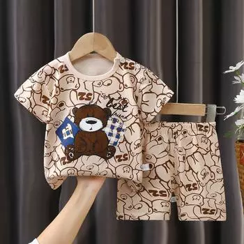 Новые детские летние пижамы для мальчиков и девочек, футболка с короткими рукавами и милым мультяшным принтом, топы и шорты, комплекты одежды для малышей 80 чёрный