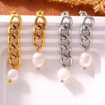 Новые длинные и короткие серьги-гвоздики с бахромой из цепочки, элегантные и простые, темпераментные, титановые, стальные, позолоченные, пресноводные жемчужные серьги