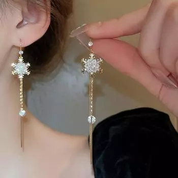 Новые корейские модные длинные серьги с кисточками и снежинками из циркона для женщин, модные эффектные серьги, ювелирные изделия, аксессуары для вечеринок золотой