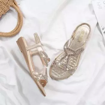 Новые летние босоножки Sandalias De Mujer на плоской подошве в стиле бохо со стразами, разноцветные женские с эластичной резинкой, открытые носки, пляжная обувь для женщин 36 чёрный